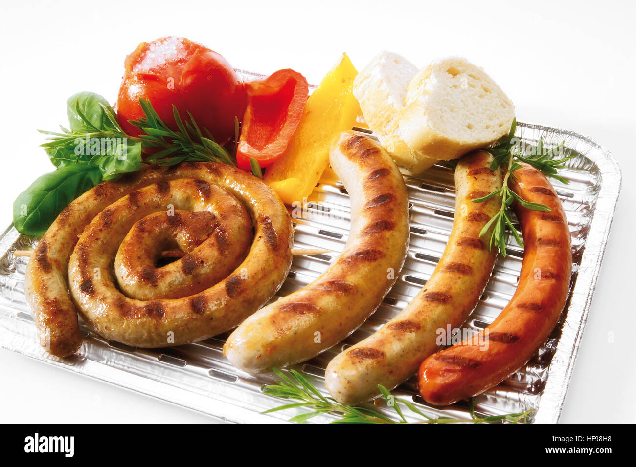 Alu-Grill-Gehäuses mit Bratwurst, Bratwurst-Schnecke, Rindfleisch ...