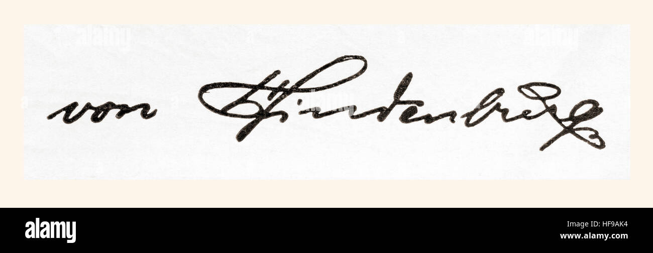 Signatur von Paul Ludwig Hans Anton von Beneckendorff, aka Paul von Hindenburg, 1847 – 1934.  Deutscher Offizier, Staatsmann und Politiker der zweite Bundespräsident von 1925 – 34. Aus Meyers Lexikon veröffentlicht 1924. Stockfoto
