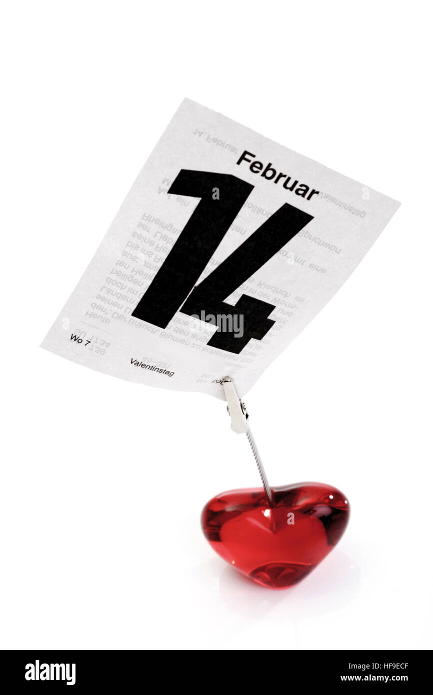 Kalender Seite und rot Glas Heart, 14. Februar, Valentinstag Stockfoto