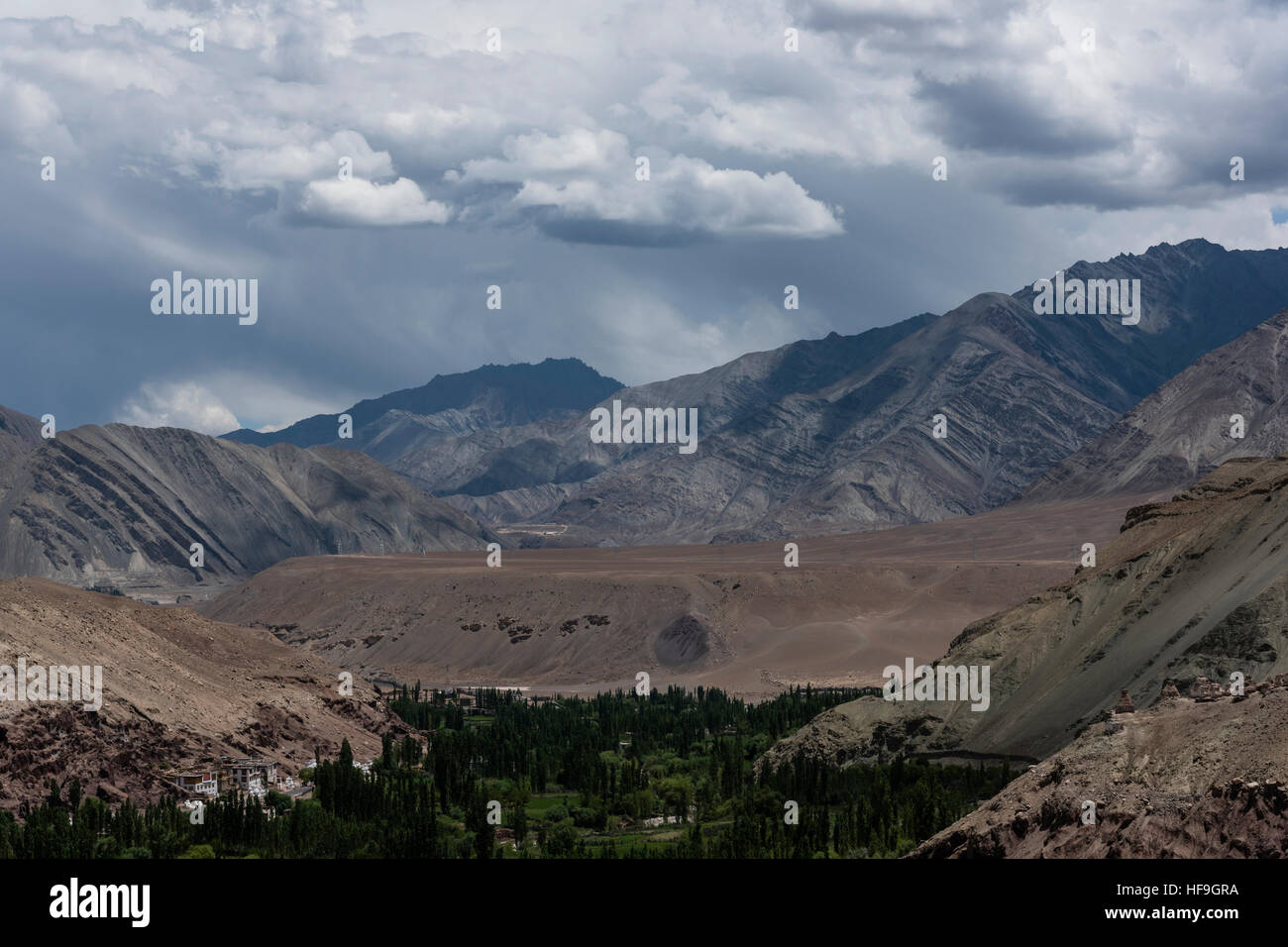 Ladakh-Landschaft zeigt menschliche Siedlung und Himalaya-Gebirge im Hintergrund Stockfoto