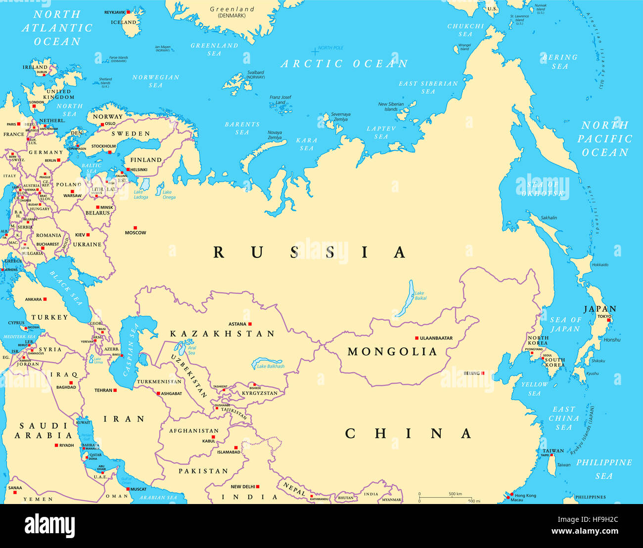 Eurasia politische Karte mit Hauptstädten und nationale Grenzen hinweg. Kombinierte Teile der kontinentalen Landmasse Europas und Asiens. Stockfoto