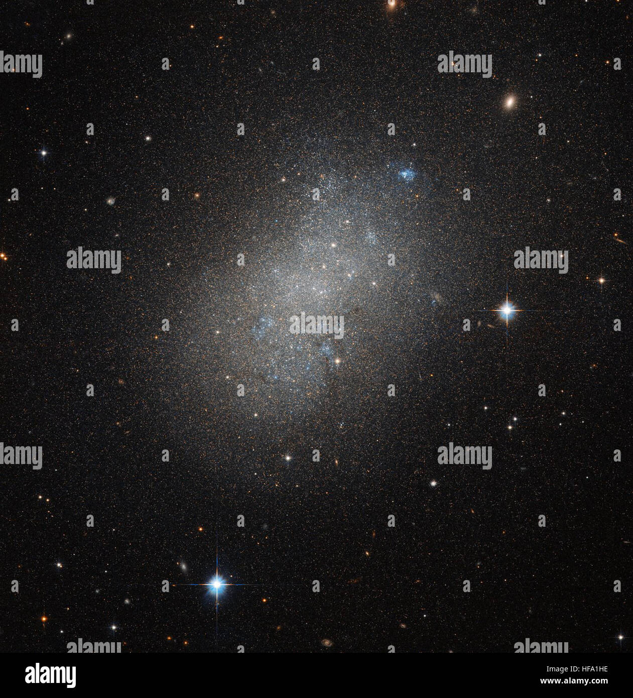 Das Hubble Space Telescope hat ein Bild von NGC 5264 aufgenommen, das eine unregelmäßige Galaxie in den Weiten des Weltraums enthüllt und Einblicke in die galaktische Struktur und kosmische Phänomene bietet. Stockfoto