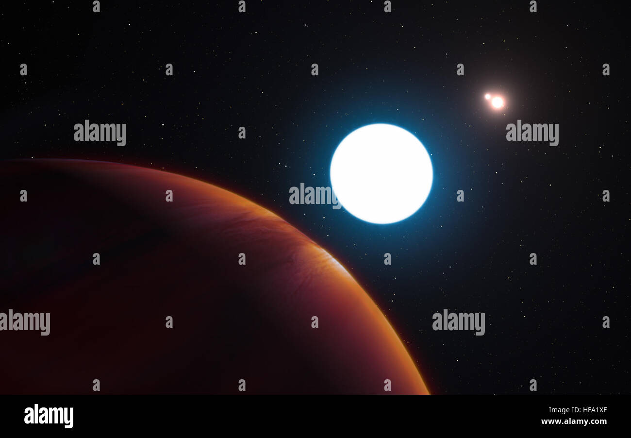Ein neu entdeckter Planet, HD 131399Ab, ist einzigartig für drei Sonnen. Dieser Planet, der sich außerhalb unseres Sonnensystems befindet, umkreist innerhalb eines Dreisternsystems und liefert wertvolle Einblicke in die Planetenbildung in komplexen Sternumgebungen. Stockfoto