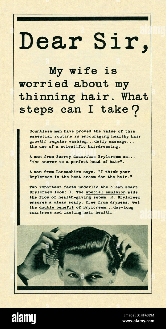 Eine 1957 Werbung für Brylcreem Haarcreme. Die Anzeige erschien in einer Zeitschrift veröffentlicht in Großbritannien im Mai 1957 Stockfoto