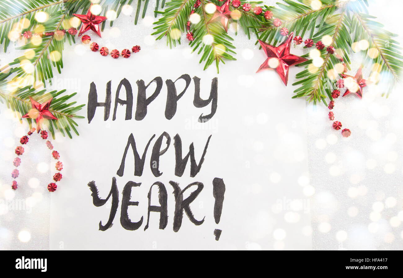 Glücklich Neujahrskarte mit Weihnachtsschmuck Stockfoto