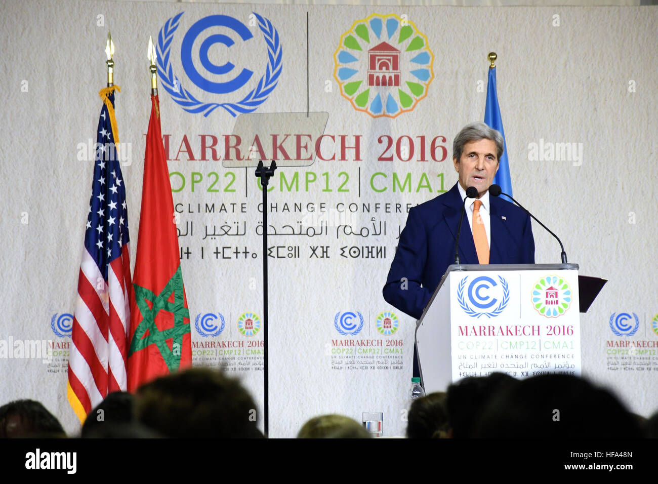 US-Außenminister John Kerry liefert Hinweise auf der 22. UN Framework Convention on Climate Change Konferenz der Vertragsparteien (COP22) in Marrakesch, Marokko, am 16. November 2016. Stockfoto