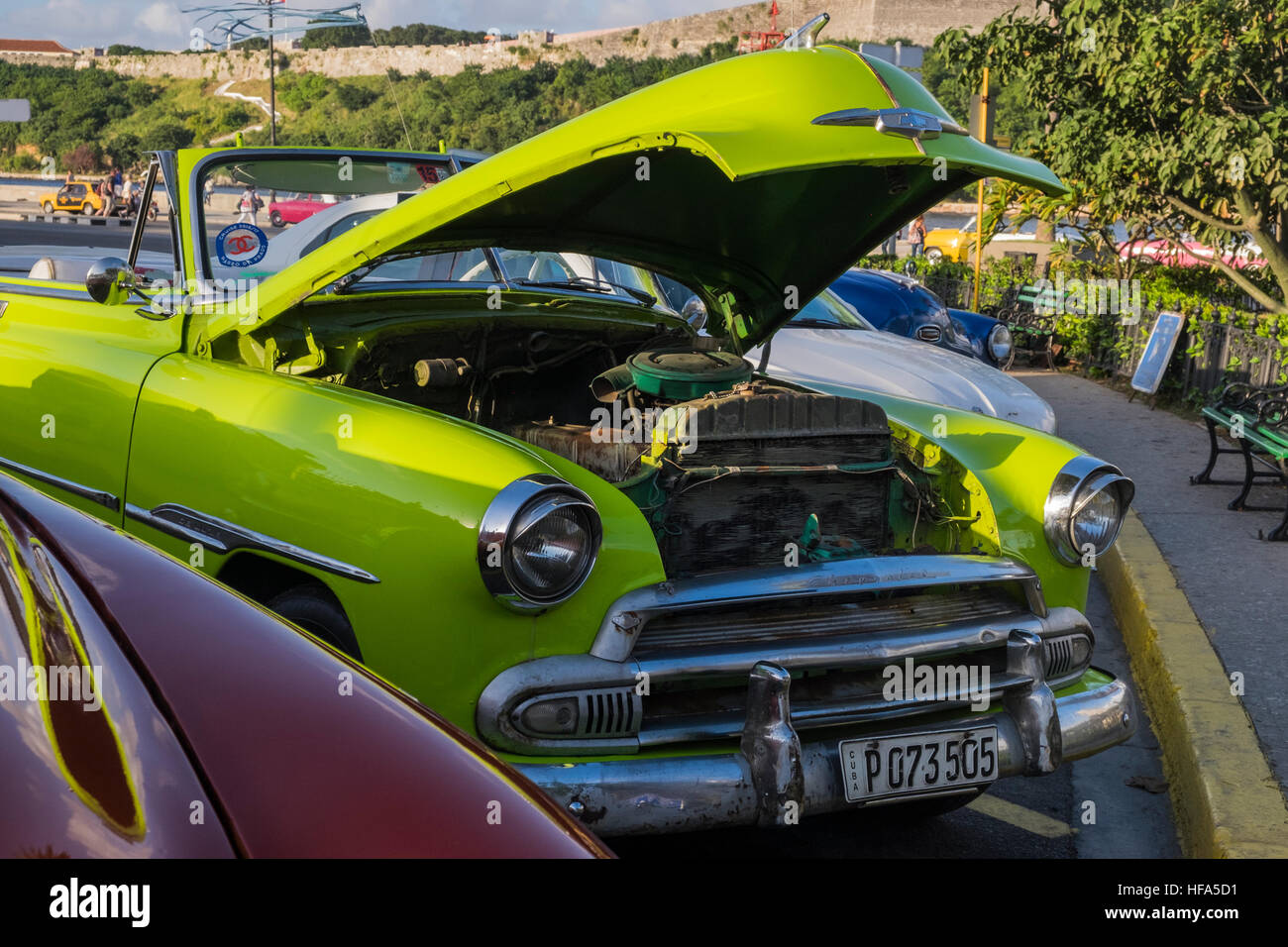 Haube, enthüllt die Kühler und Motor eines alten amerikanischen Oldtimers, La Havanna, Kuba. Stockfoto