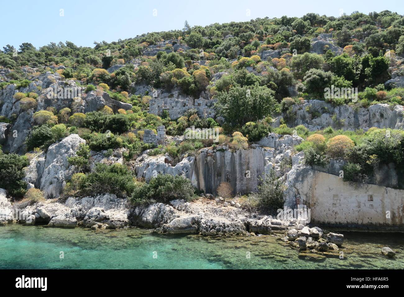 Kekova Insel und die Ruinen der versunkenen Stadt Simena in der Provinz Antalya, Türkei Stockfoto