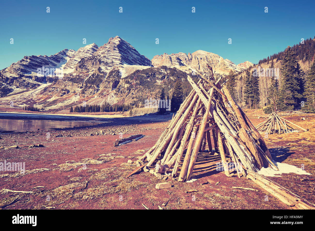 Vintage getönten Campingplatz am Maroon Bells, Aspen in Colorado, USA. Stockfoto