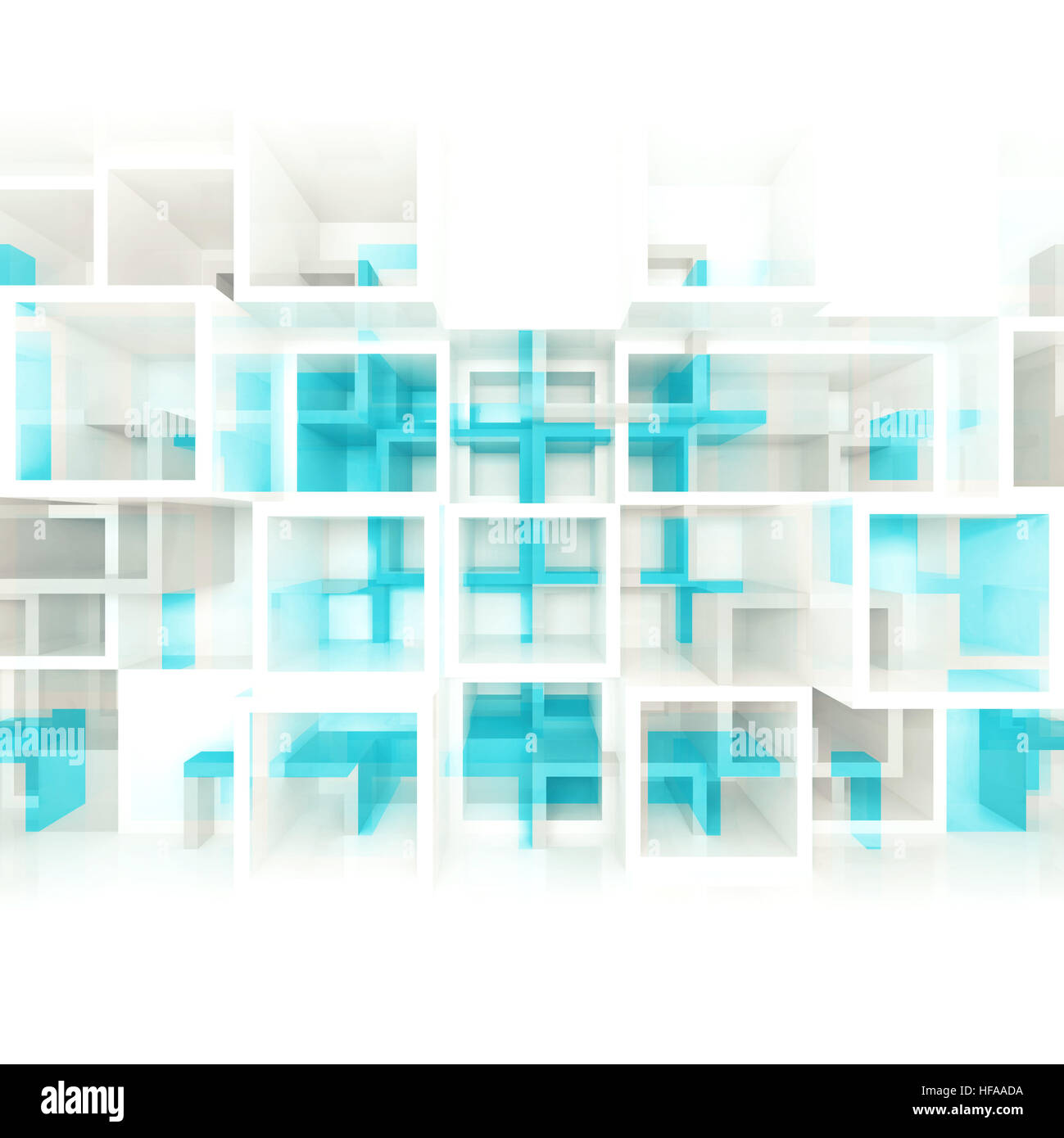Abstrakte digitale Hintergrund mit weißen und blauen chaotischen quadratischen Zellen Struktur auf Stirnwand, Effekt des selektiven Fokus, 3d illustration Stockfoto