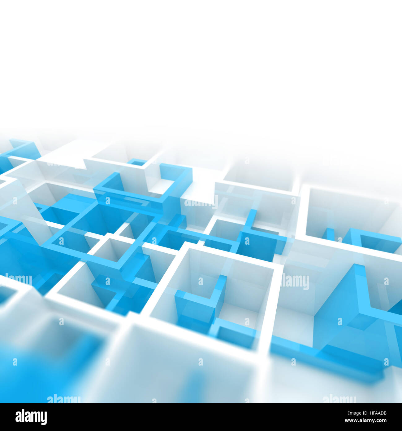 Abstrakte digitale Hintergrund mit weißen und blauen chaotischen quadratischen Zellen Struktur, Effekt des selektiven Fokus, 3d illustration Stockfoto