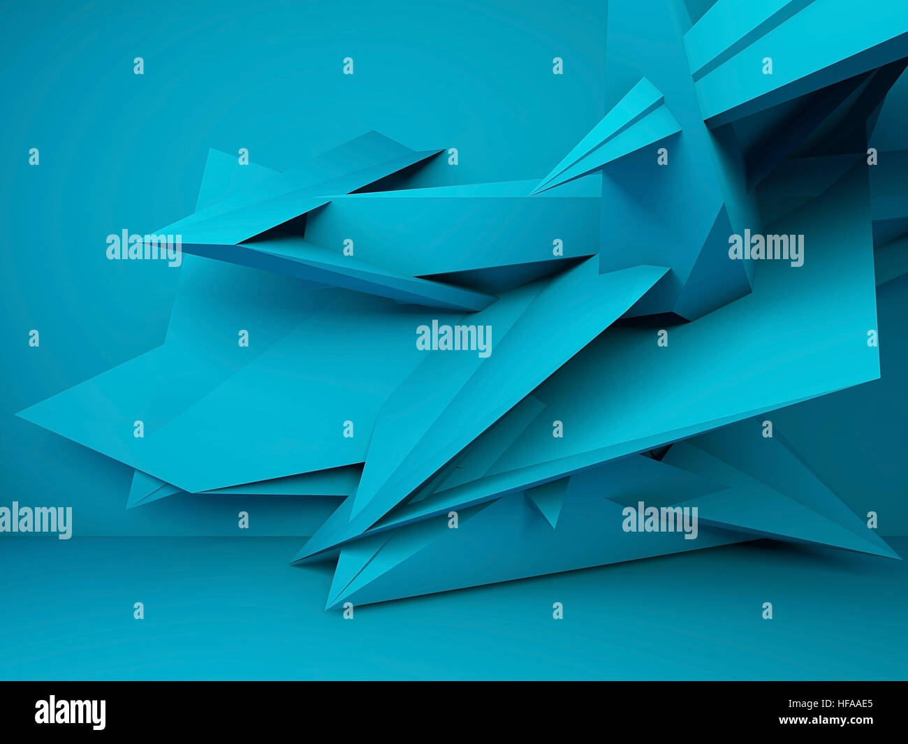 Abstrakt blau innen Hintergrund, chaotischen polygonalen Dekoration in der Nähe der Wand, 3d Render-illustration Stockfoto