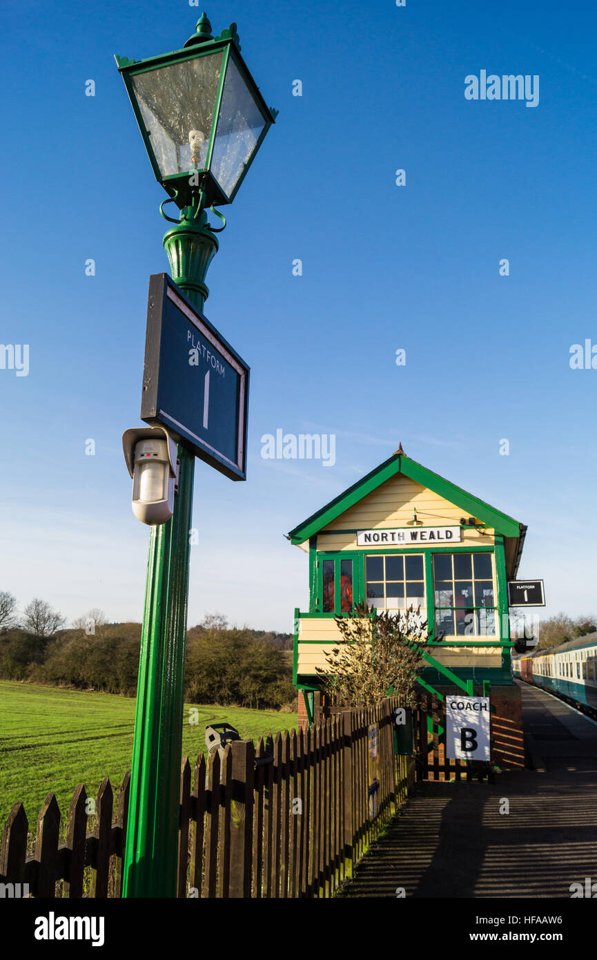 North Weald Vintage Signal box, 1888, Epping Ongar Railway, Dampf Museumsbahn auf ehemaligen Londoner U-Bahn Linie, Essex, England UK Stockfoto