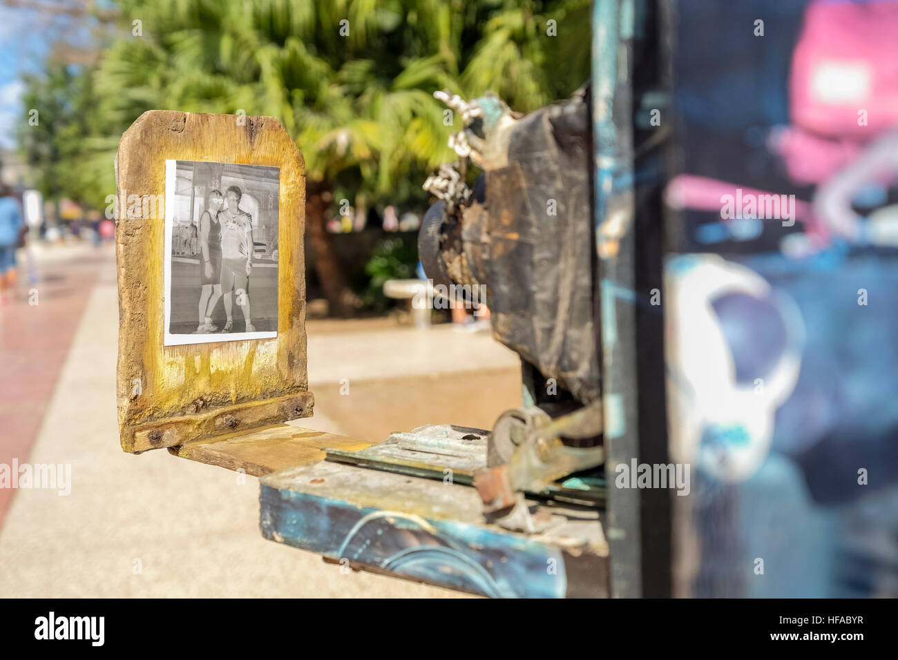 Fotograf Minutero mit Schwerpunkt auf dem Papier negative als positive Druck, Parque Central, La Havanna, Kuba zu reproduzieren. Stockfoto