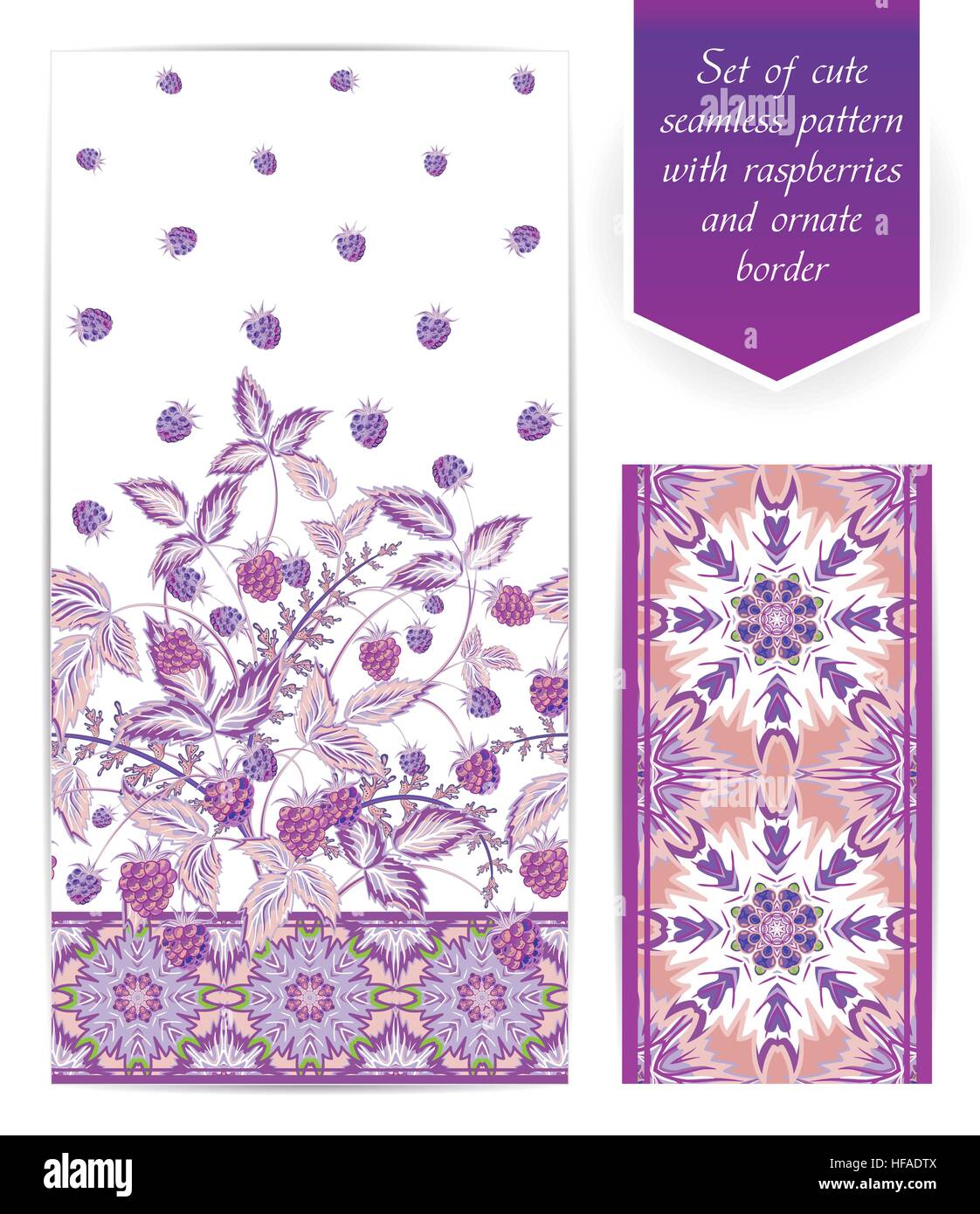 Satz von violetten Himbeeren nahtlose vertikale floralen Design und reich verzierten Rahmen. Die Grenze kann als unabhängige nahtlose Muster verwendet werden. Verwenden Sie Stoff für Kleider, Bettwäsche, Web-Design, Tapeten etc. Stock Vektor