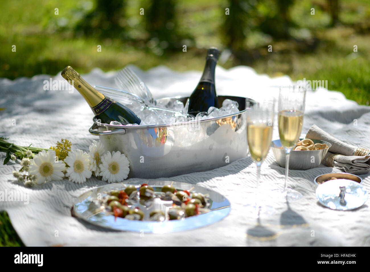 Luxus-Sommer-Picknick mit Champagner und Silberwaren Stockfoto