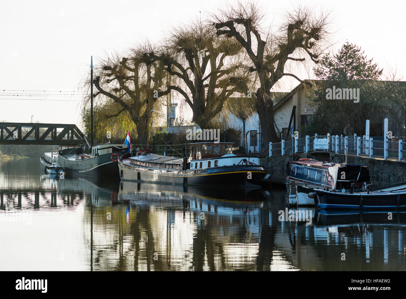 Ely River Waterfront Kai Boote Fluss Great Ouse. Stockfoto