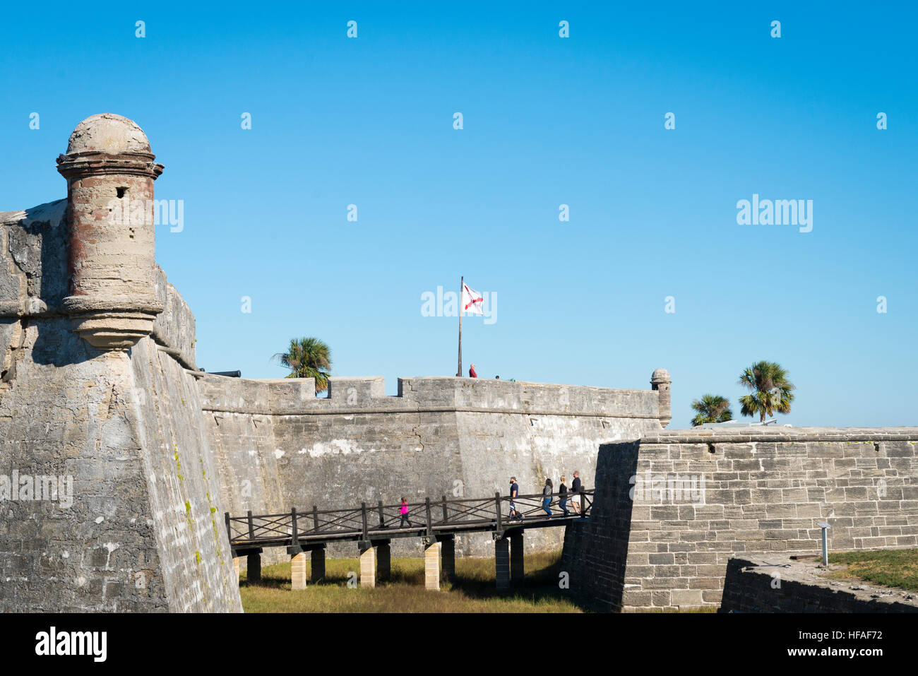 USA Florida St. Augustine Detail Ruinen der Festung Castillo de Marcos Brücke 1672 über den Wassergraben zum Haupteingang fort Stockfoto