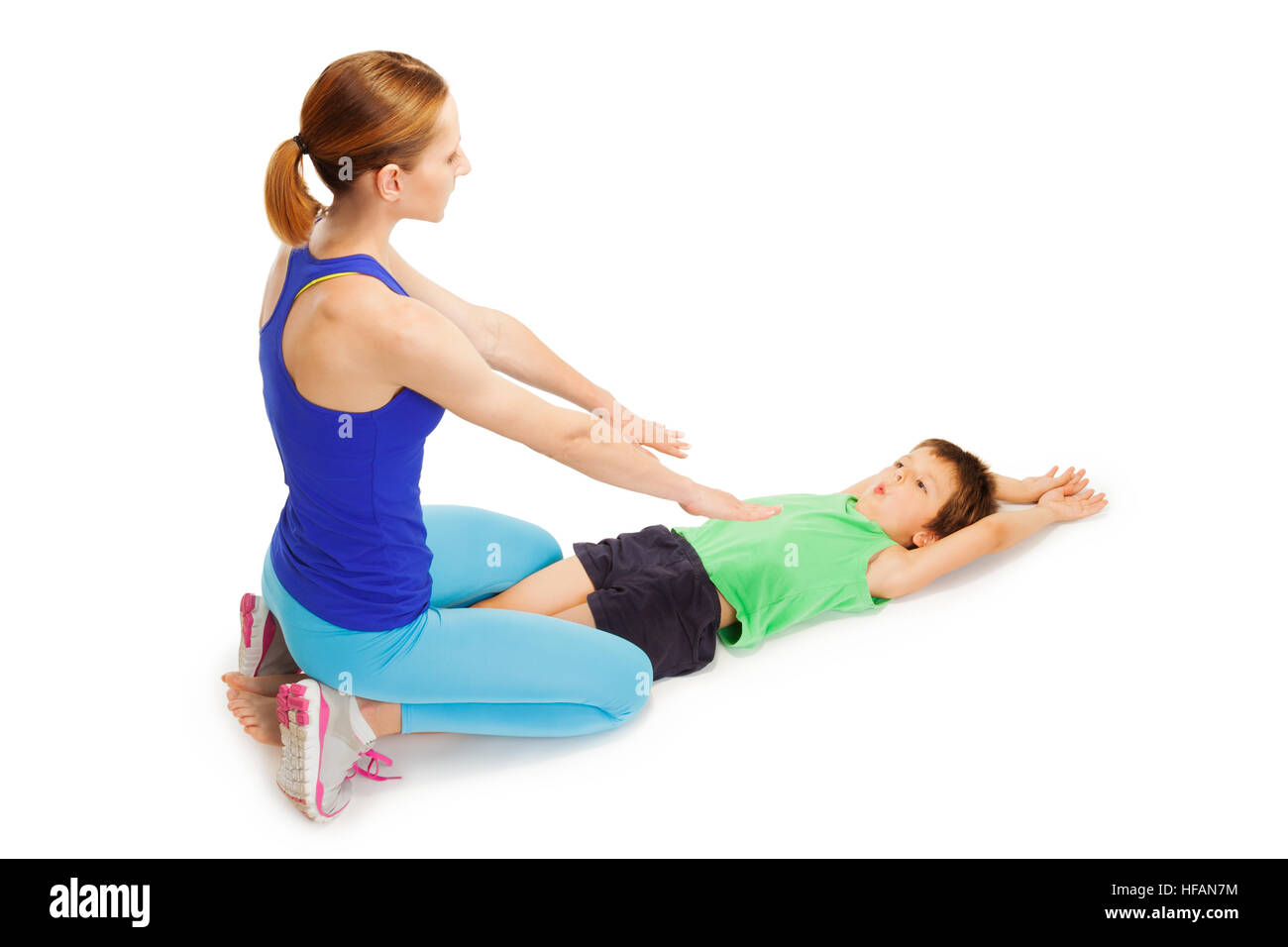 Kind junge Gymnastik mit weiblichen trainer Stockfoto