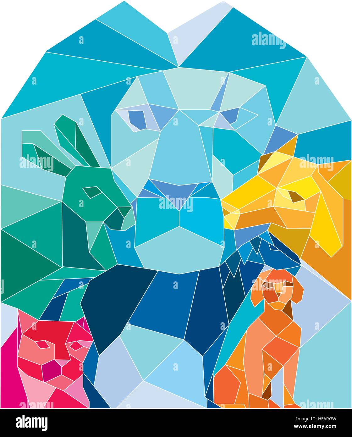 Niedrige Polygon Stil Illustration ein Löwe, Hase, Katze, Pferd, Hund und Ziege von vorne am isolierten weißen Hintergrund betrachtet. Stock Vektor