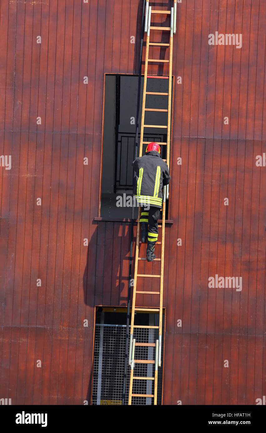 Chef der Feuerwehr als es klettert die Leiter während einer Übung in der Feuerwache Stockfoto