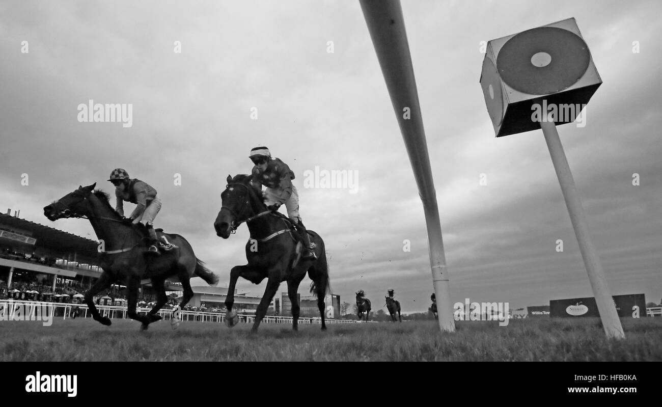 * Herausgeber Hinweis Bild umgewandelt, schwarz und weiß IN PHOTOSHOP * A Gesamtansicht der Läufer und Reiter in der Donohoe Festzelte Flachrennen tagsüber vier das Weihnachtsfest in Leopardstown Racecourse. PRESSEVERBAND Foto. Bild Datum: Donnerstag, 29. Dezember 2016. Vgl. PA Geschichte RACING Leopardstown. Bildnachweis sollte lauten: Niall Carson/PA Wire Stockfoto