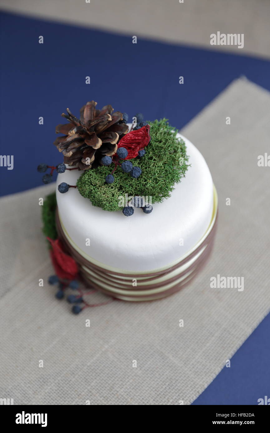Gefälschte Kuchen mit Weihnachts-Dekor auf blauem Hintergrund Stockfoto