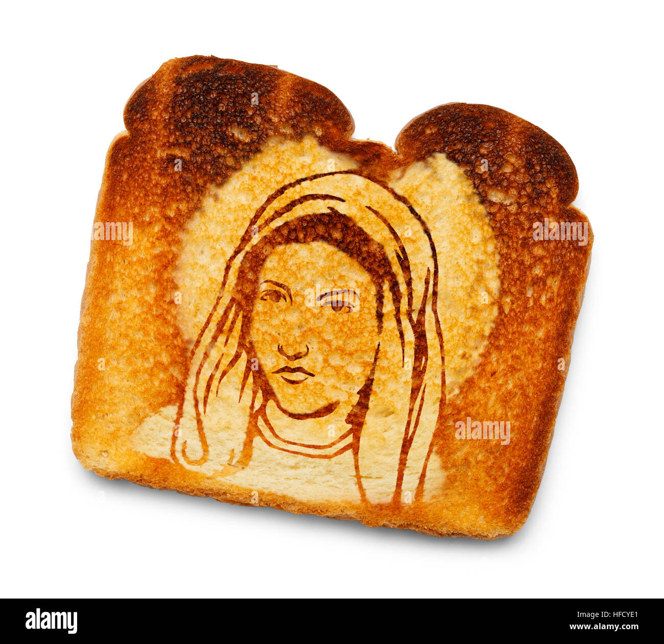 Jungfrau Maria Bild auf verbranntem Toast, Isolated on White Background. Stockfoto