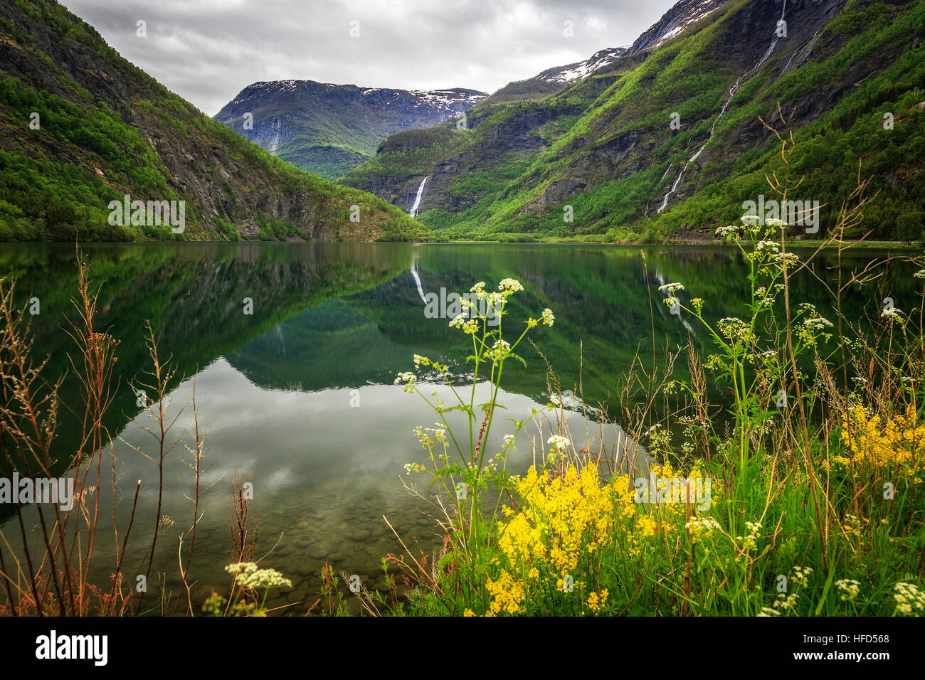 Schöne Reflexionen über den stillen Wassern des Eidsvatnet bei Skjolden, Luster, Norwegen. Stockfoto