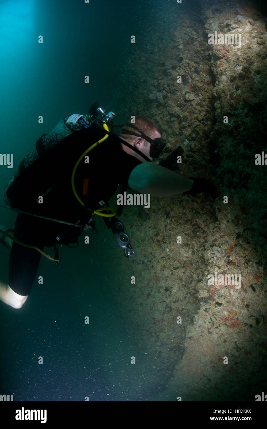 Navy Diver 3. Klasse Jacob Laman, zugewiesen, Mobile Tauchen und Salvage Unit (MDSU) 2, Firma 2-2, führt einen Pier Inspektion Tauchgang. MDSU 2 erhält Commander Task Group 56,1, Förderung von mir Gegenmaßnahme, explosive Ordnance Entsorgung, Bergung Tauchen und Schutz für die USA 5. Flotte Aufgabengebiet. (Foto: U.S. Navy Mass Communication Specialist 3. Klasse Jümar T. Balacy/freigegeben) Anti-Terror Force-Schutz 121224-N-GG400-027 Stockfoto