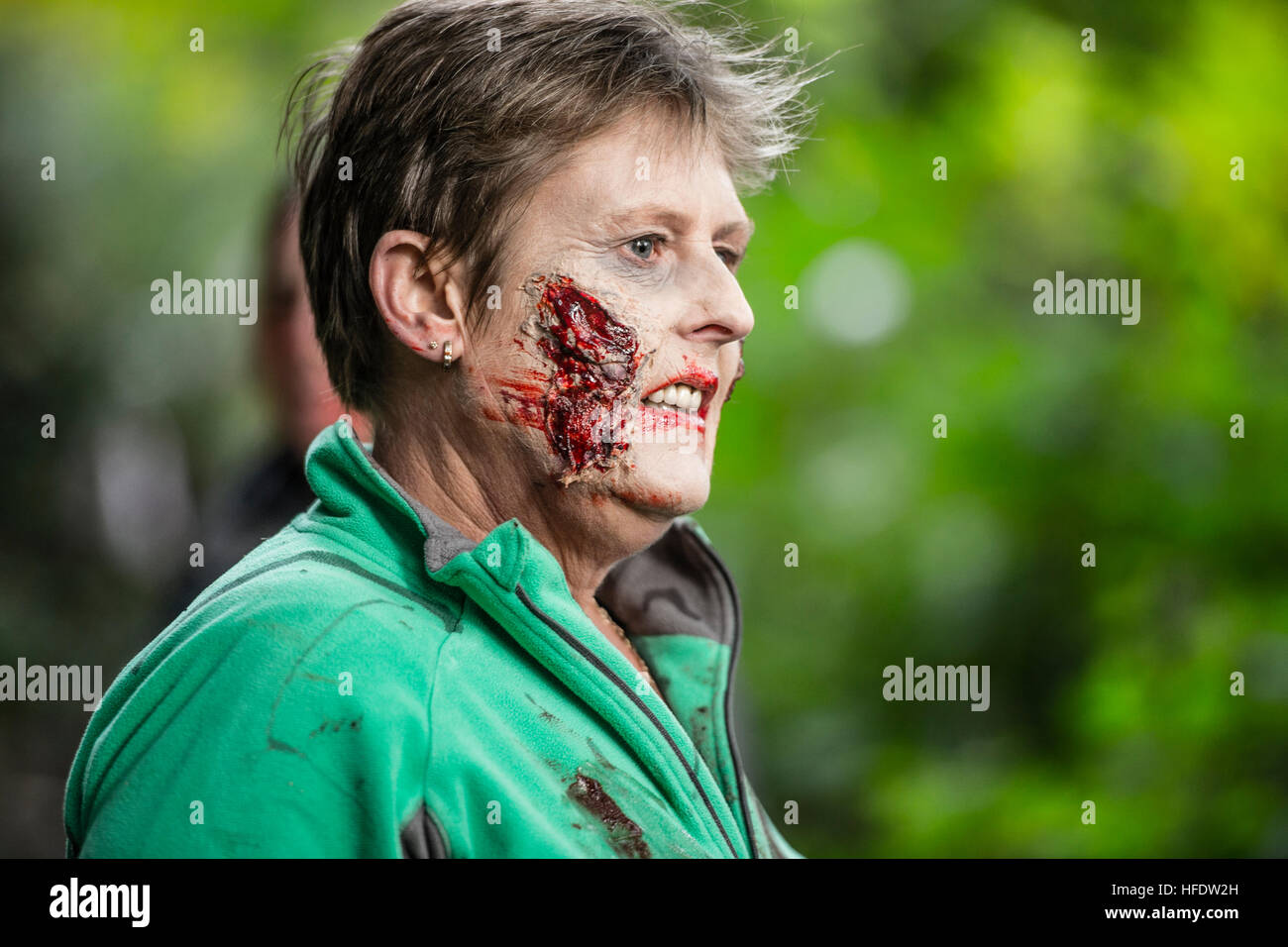 Eine Frau gekleidet und zusammengesetzt als Zombies in den Wäldern in einem "The Walking Dead Erfahrung" Live Action Rolle spielen (LARP)-Activity-Ereignisses an einem November-Nachmittag in Wäldern in der Nähe von Aberystwyth Wales UK Stockfoto