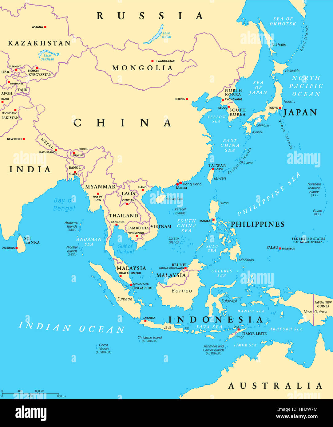 Ost-Asien politische Landkarte mit Kapitellen und nationale Grenzen hinweg. Östlichen Subregion des asiatischen Kontinents. China, Mongolei, Indonesien. Stockfoto