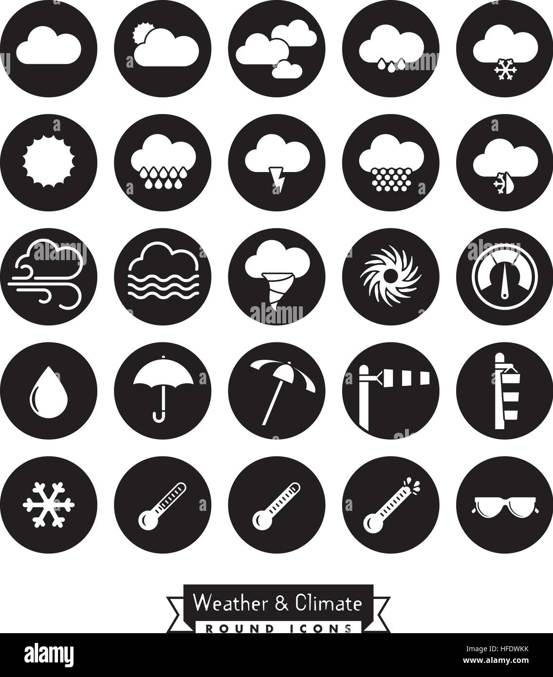 Sammlung von Wetter, Klima und Meteorologie im Zusammenhang mit runden schwarzen Vektor-icons Stock Vektor