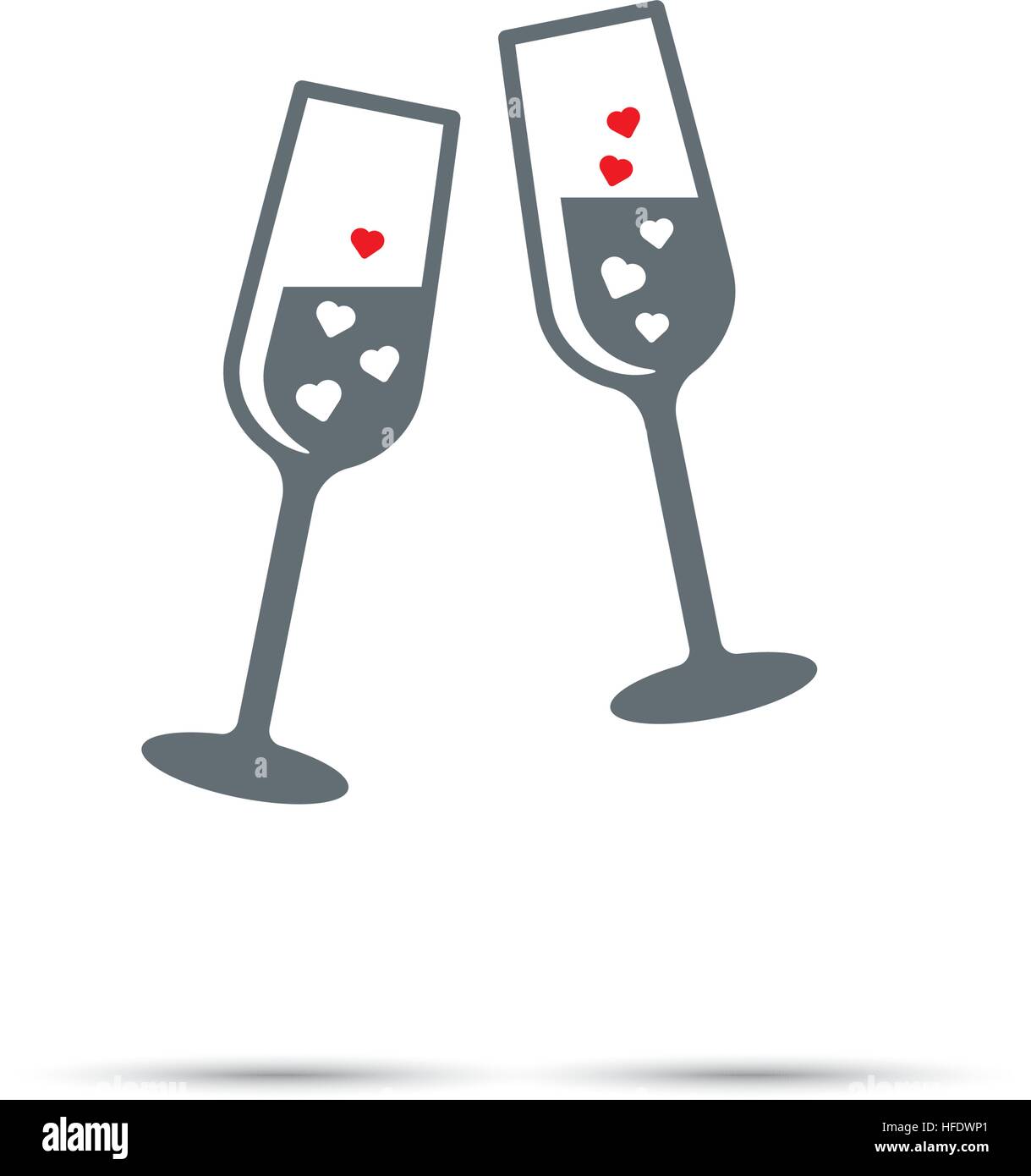 Champagner-Symbol für den Valentinstag. Rote und weiße Herzen in Toasten Gläser Sekt Stock Vektor