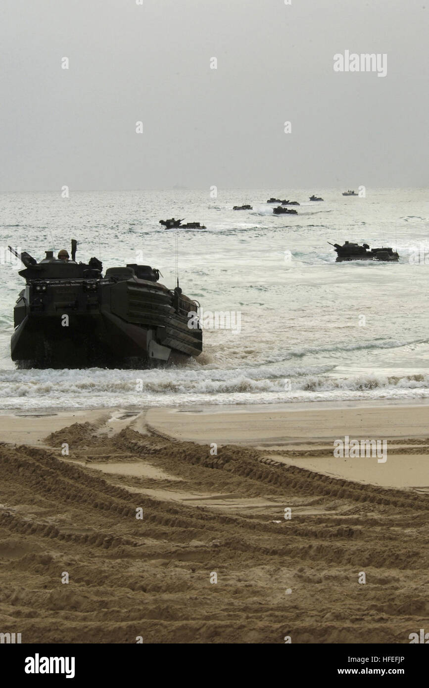 030212-N-5319A-003 zentrale Befehl Zuständigkeitsbereich (12. Februar 2003)--landen am Strand für den künftigen Betrieb 15 amphibische gepanzerte Fahrzeuge (AAV) von USS Duluth (LPD-6). USS Duluth ist Teil der USS Tarawa (LHA-1) amphibischen bereit Gruppe (ARG) und ist derzeit nach vorne eingesetzten in Unterstützung der Operation Enduring Freedom. Foto: U.S. Navy des Fotografen Mate 1. Klasse Brien Aho (freigegeben) US Navy 030212-N-5319A-003 15 amphibische gepanzerte Fahrzeuge (AAV) aus an Bord USS Duluth (LPD 6) kommen an Land für den künftigen Betrieb Stockfoto