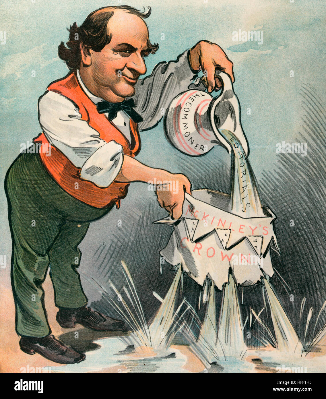 Die Bryan gefertigte Krone; -Es wird nicht stichhaltig.  Politische Karikatur zeigt William Jennings Bryan hält einen Krug mit der Aufschrift "The Commoner" strömendes Wasser mit der Bezeichnung "Leitartikel" in eine Papierkrone mit der Bezeichnung "McKinleys Krone," voller Löcher und undichte Wasser überall. Juni 1901 Stockfoto