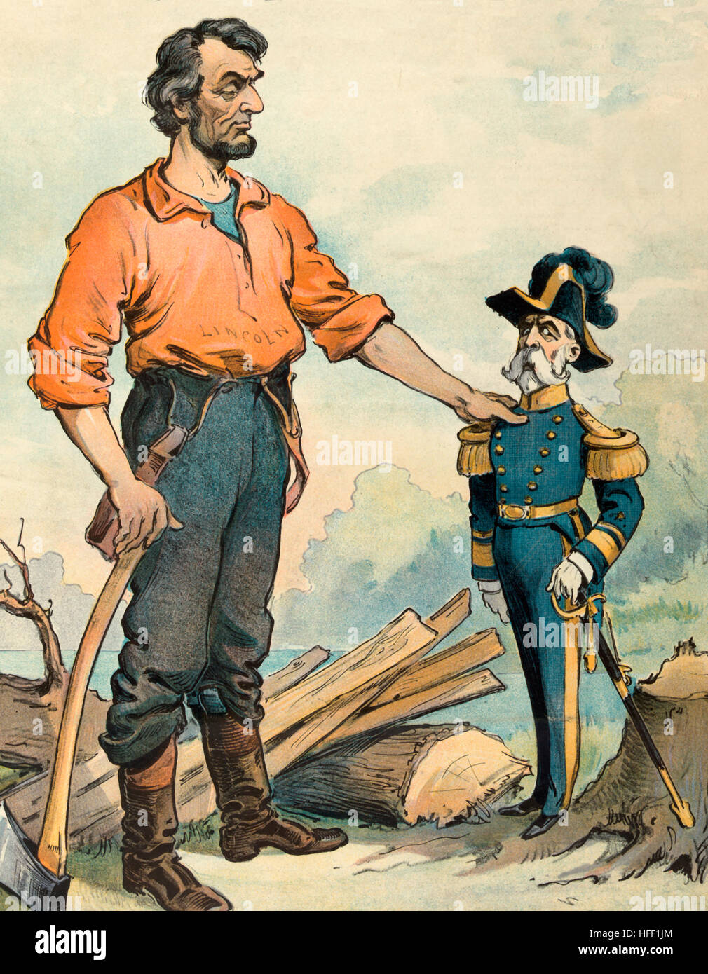 Sampson vs. Morgan - 1901 politische Karikatur zeigt eine übergroße Abraham Lincoln, hält eine Axt Adressierung ein Diminutiv Konteradmiral William T. Sampson bezüglich des Falles Gunner Charles Morgan Bemühungen in Richtung Fortschritt in der Rang in der US Navy. Stockfoto