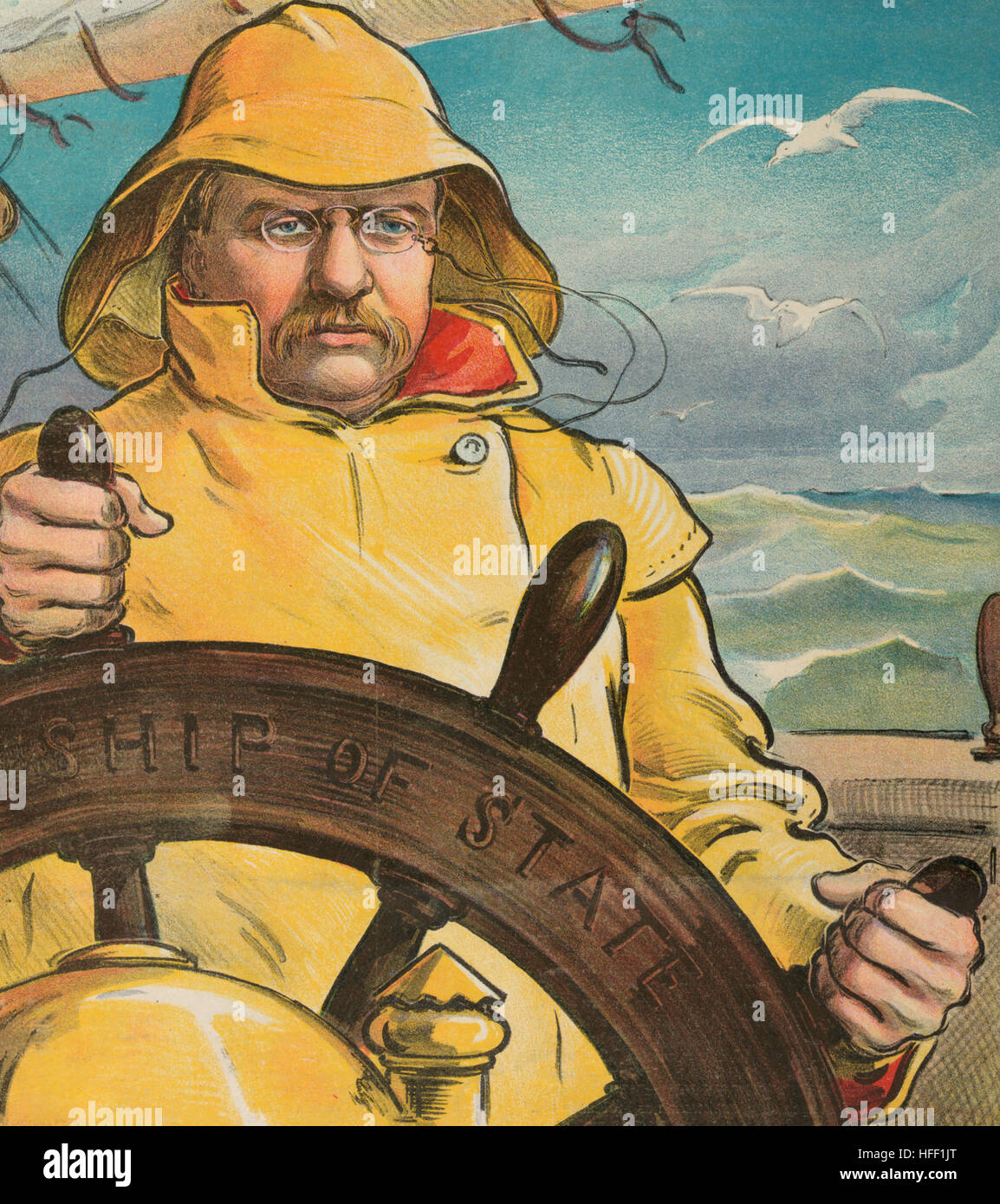 "Findet das Ruder in guten Händen" - politische Karikatur zeigt Präsident Theodore Roosevelt, gekleidet für raue See, stehen an der Spitze mit der Bezeichnung "Schiff der Staat", mit einem festen Griff auf dem Rad.  1902 Stockfoto