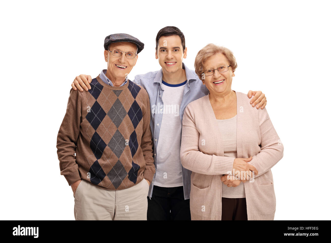 Junger Mann mit einem älteren Mann und einer älteren Frau isoliert auf weißem Hintergrund Stockfoto