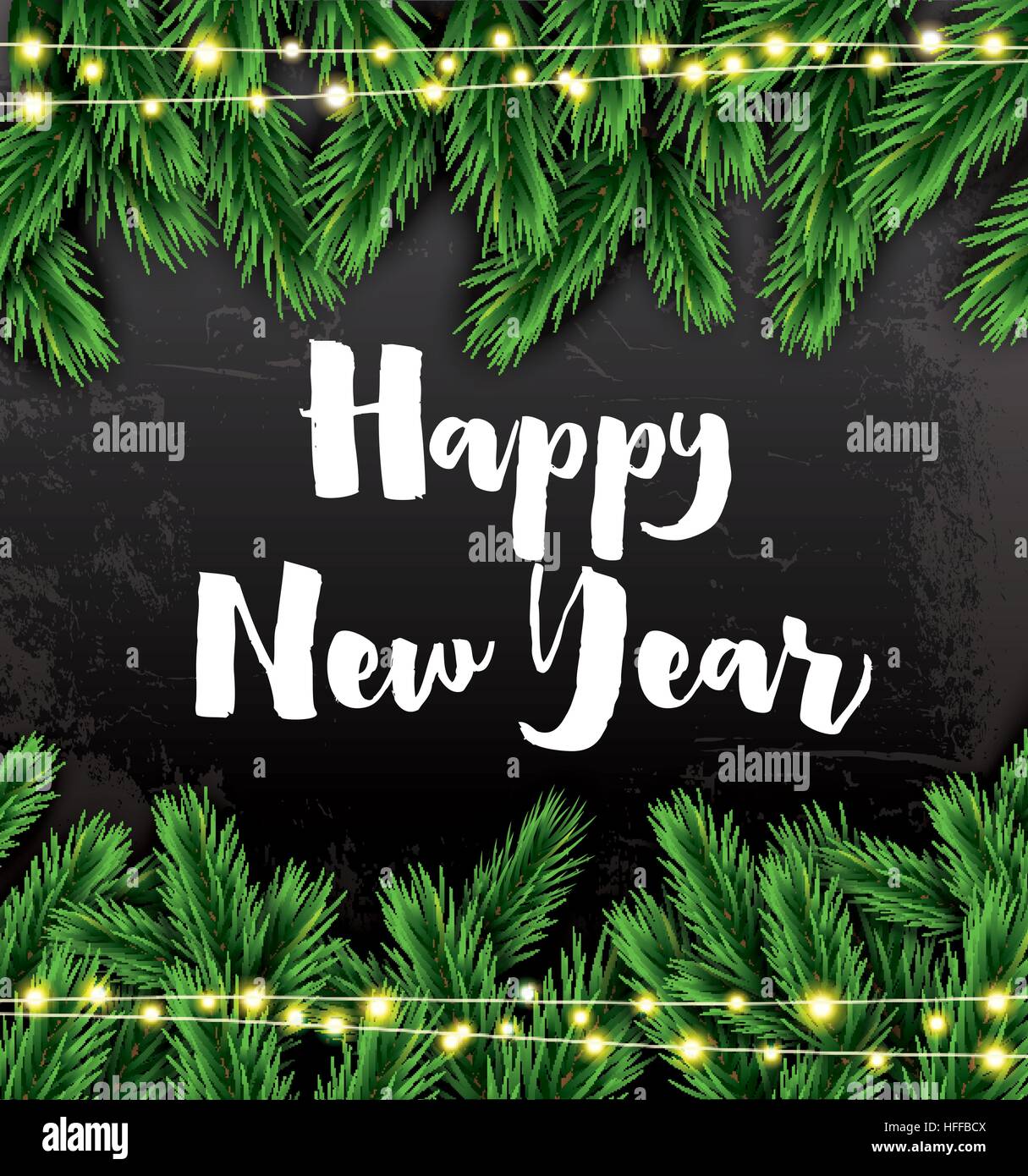 Frohes neues Jahr. Grusskarte mit Tannenzweigen und Neon-Girlande. Vektor-Illustration. Stock Vektor