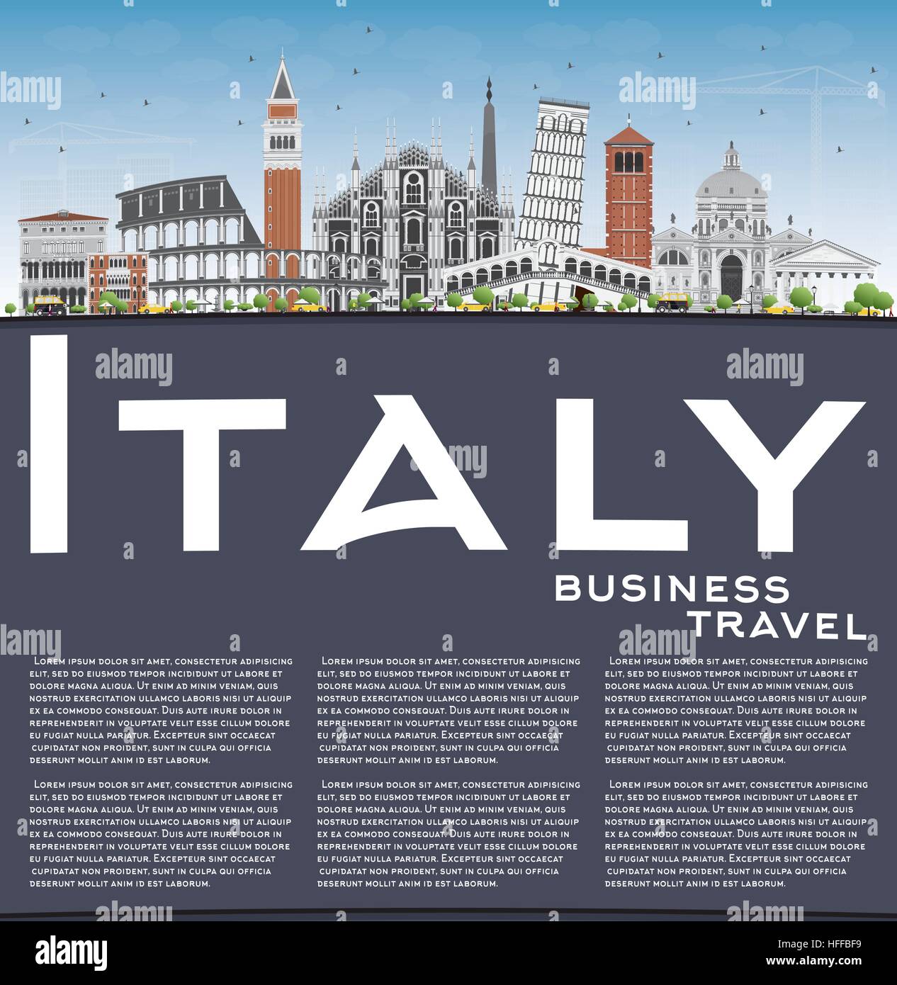 Italien-Skyline mit Sehenswürdigkeiten und Textfreiraum. Vektor-Illustration. Geschäftsreisen und Tourismus-Konzept mit historischer Architektur. Stock Vektor