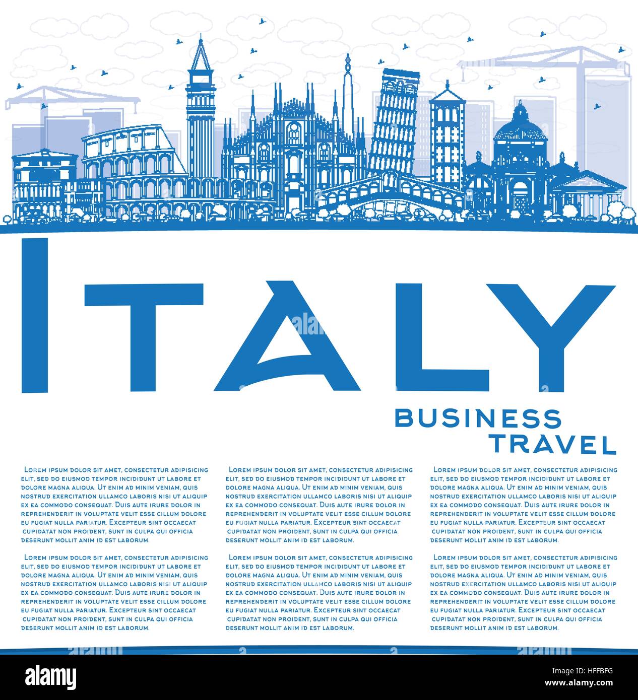 Übersicht Italien mit blauen Wahrzeichen und textfreiraum Skyline. Vektor-Illustration. Geschäftsreisen und Tourismus-Konzept mit historischer Architektur. Stock Vektor