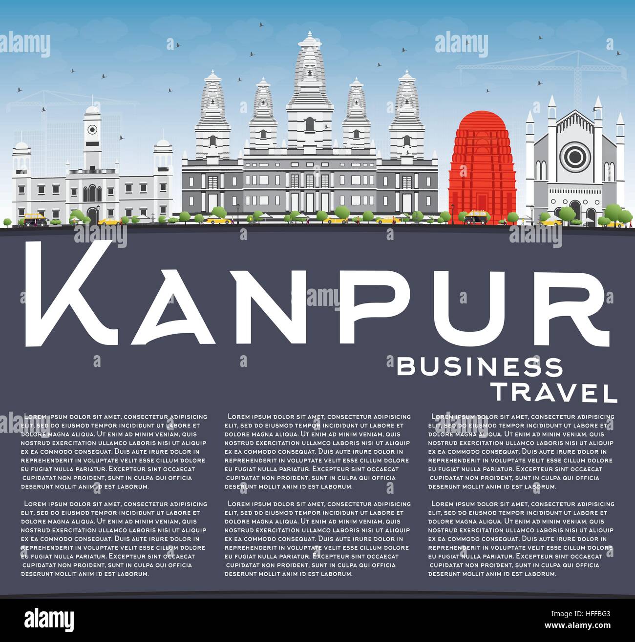 Kanpur Skyline mit grauen Gebäuden, blauer Himmel und Textfreiraum. Vektor-Illustration. Geschäftsreisen und Tourismus-Konzept mit historischer Architektur. Stock Vektor
