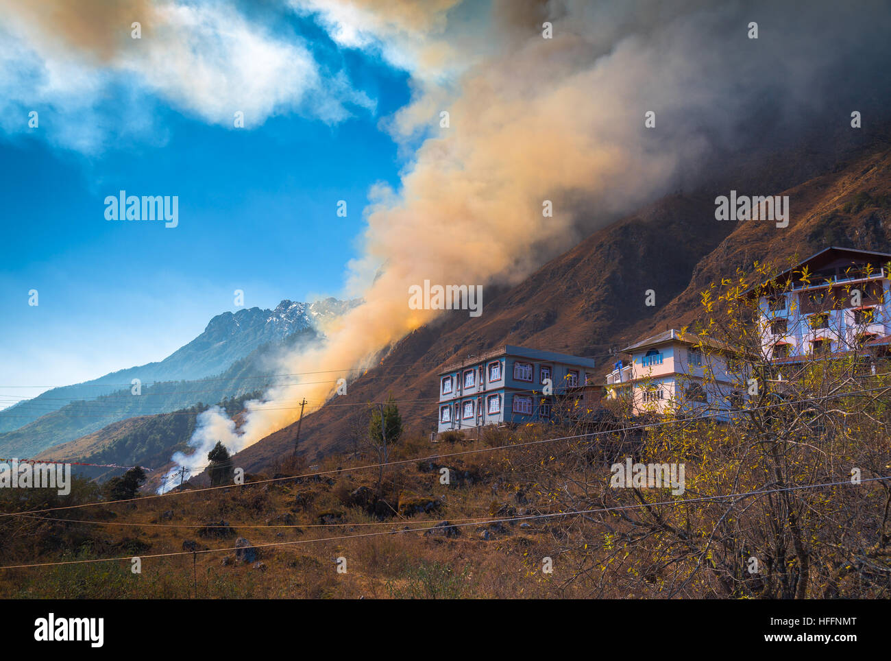 Wald-Feuer auf dem Berg Pisten in den kleinen Hügel Dorf Stadt von Lachung, Sikkim Indien. Stockfoto