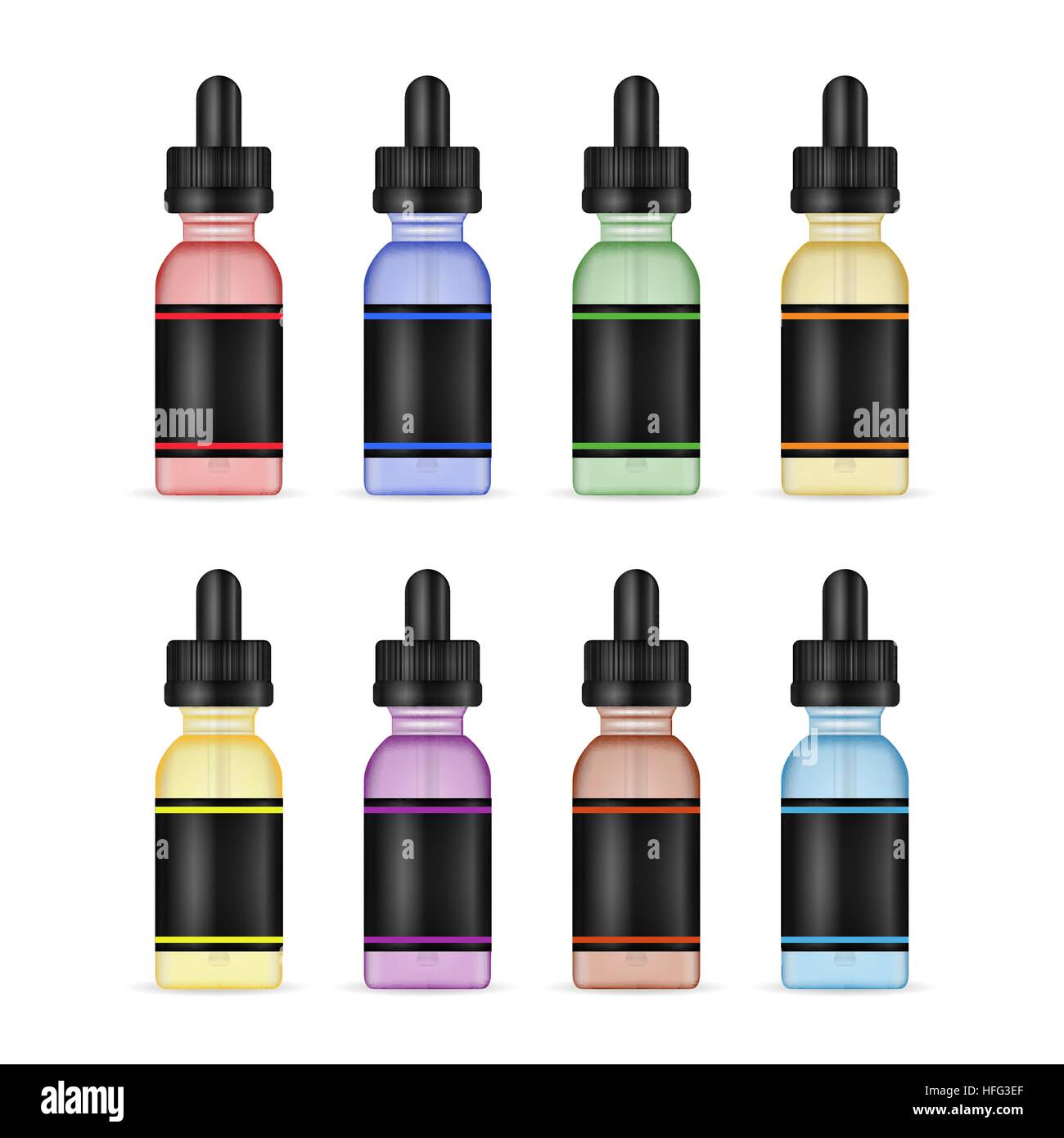 VAPE Flüssigkeit Flaschen. Foto realistische E-Liquid Flasche Mock von  anderen Geschmack eingerichtet. Geschmack der elektronischen Zigarette.  Weißen Hintergrund. Vektor-Fittings Stock-Vektorgrafik - Alamy