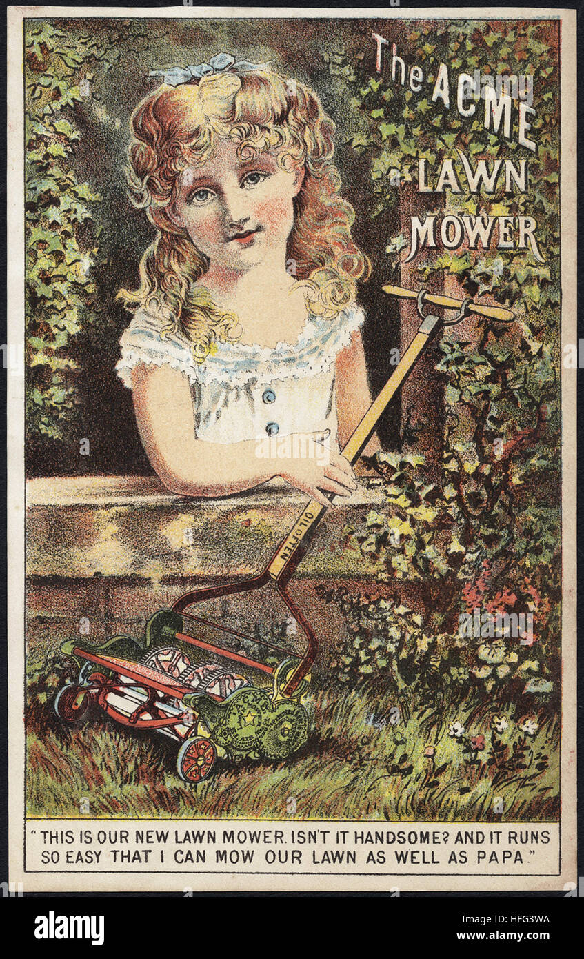 Landwirtschaft Handel Karten - Acme-Rasenmäher. "Dies ist unsere neue Rasenmäher. Ist es nicht Handsome  und es läuft so einfach, dass ich unsere Liegewiese sowie Papa mähen können Stockfoto