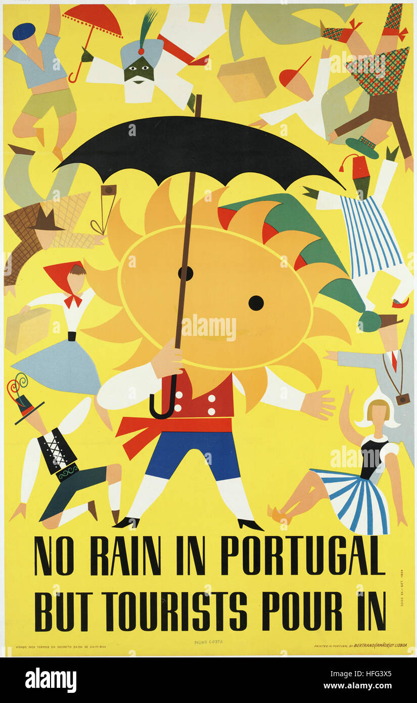 Vintage Reise-Plakat - kein Regen in Portugal aber Touristen Gießen in Stockfoto