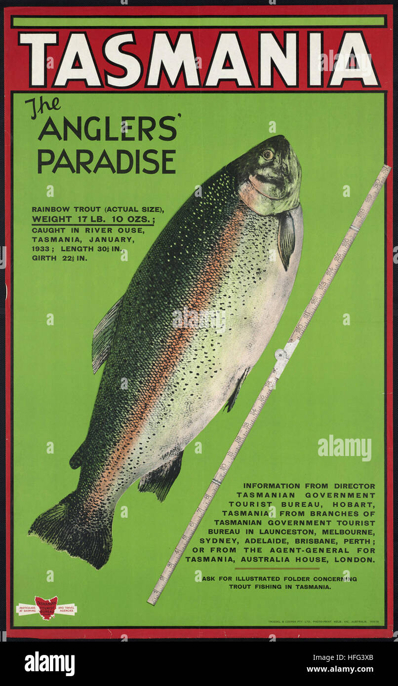 Vintage Reise-Plakat - Tasmanien. Die Angler-Paradies Stockfoto