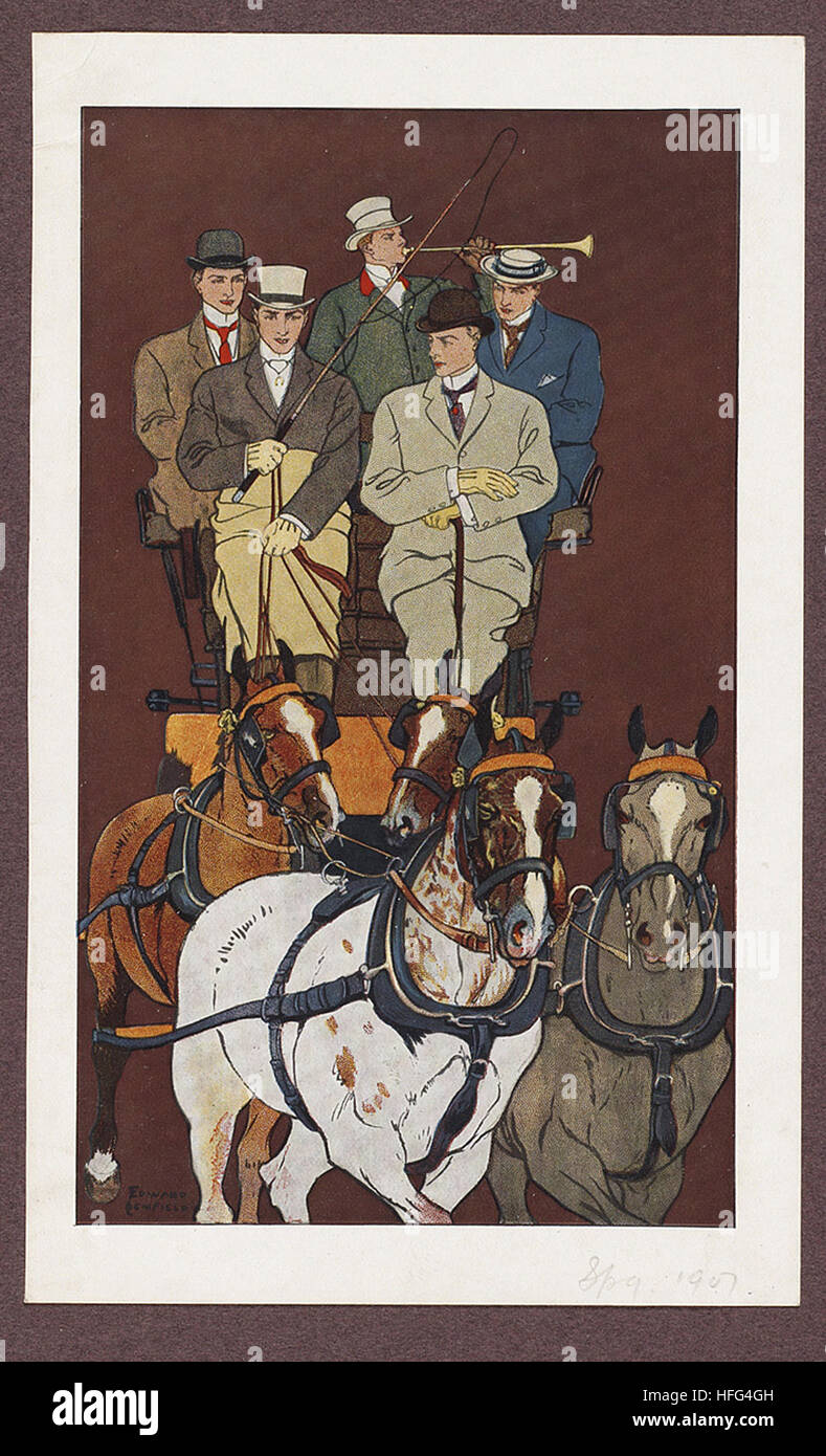 Fünf Männer in einer von vier Pferden gezogenen Kutsche fahren Stockfoto