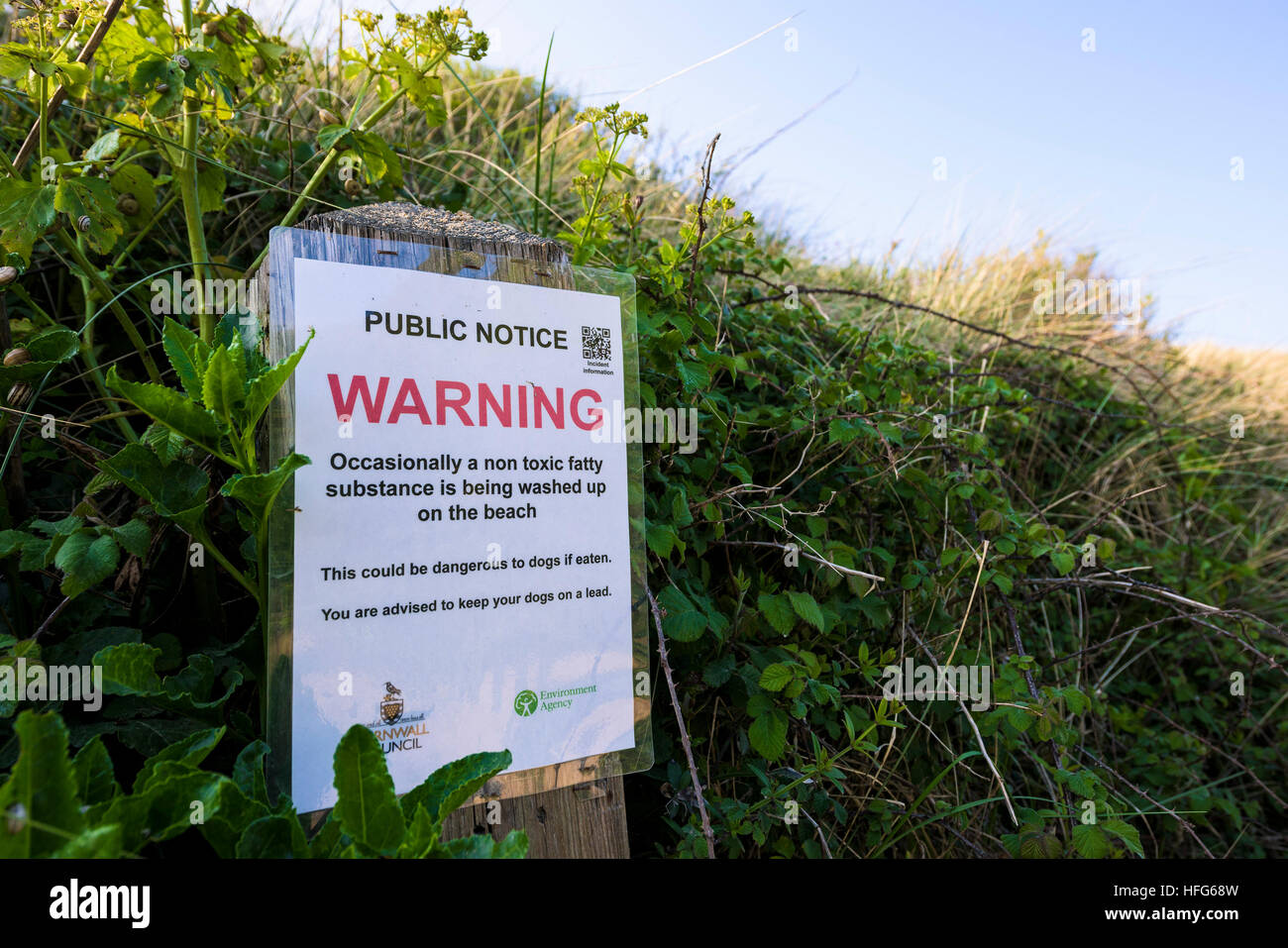 Ein Warnsignal, ausgestellt von der Umweltagentur auf dem preisgekrönten Crantock Beach in Newquay, Cornwall. Stockfoto